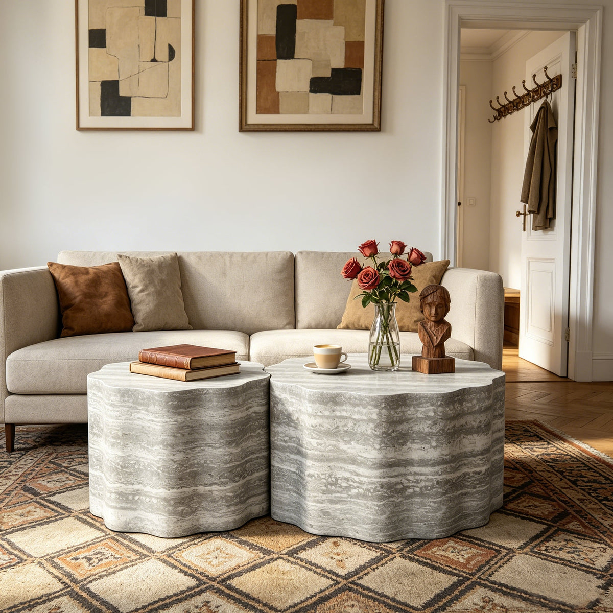 Set of 2 Round Coffee Tables with Faux Mars Pattern - Brown