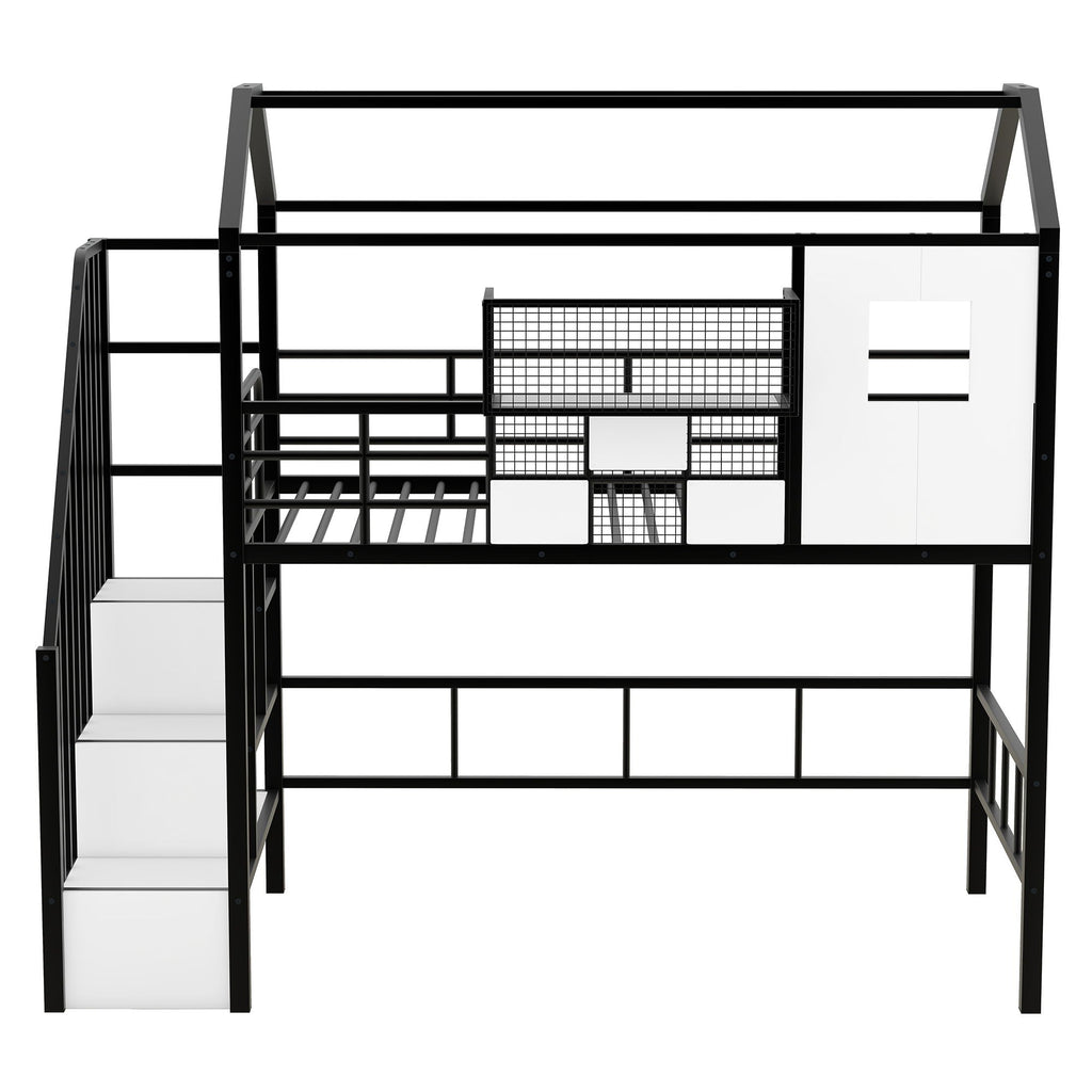 Metal Loft Bed With Roof Design and Storage Box with Guardrails and Integrated Ladder - Twin