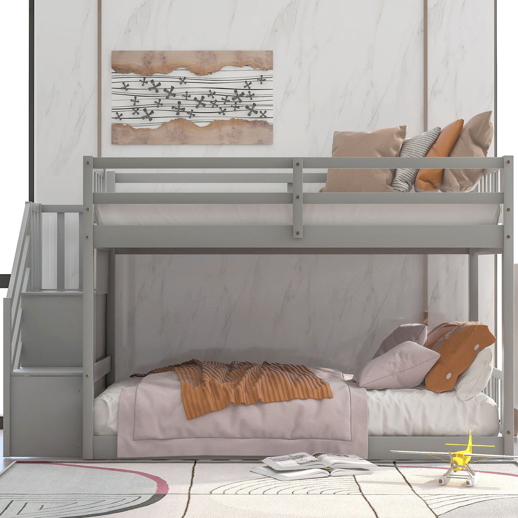 Twin Over Twin Floor Bunk Bed with Ladder Storage - White or Dark Gray