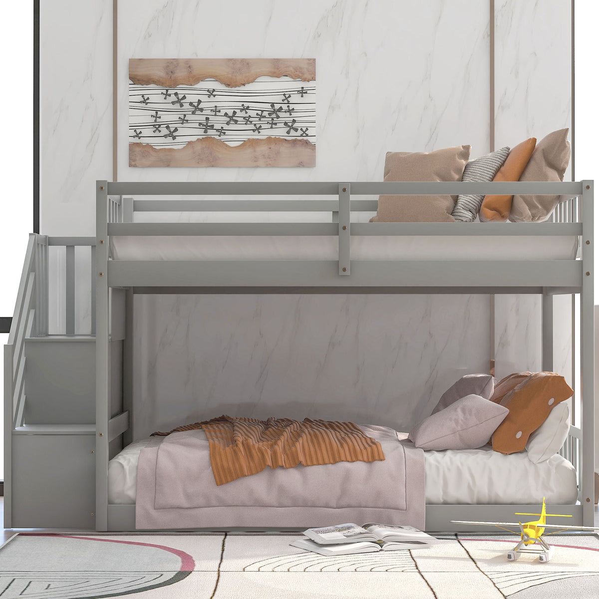 Twin Over Twin Floor Bunk Bed with Ladder Storage - White or Dark Gray