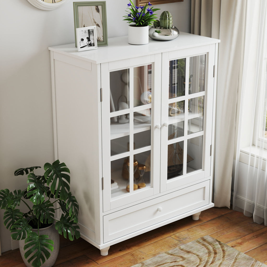 Minimalist Buffet Cabinet with Double Glass Doors and Drawer - White, Green, Black, Blue