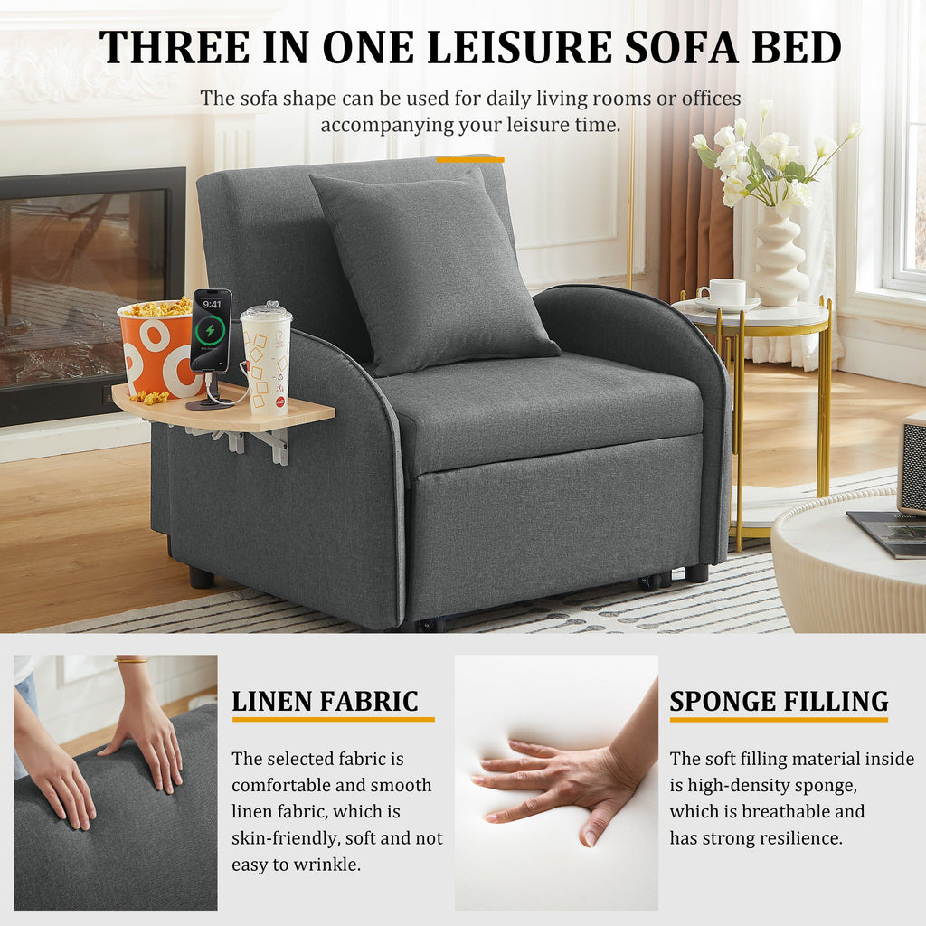 3-in-1 Convertible Sleeper Sofa Chair Bed with USB & Foldable Table - Linen