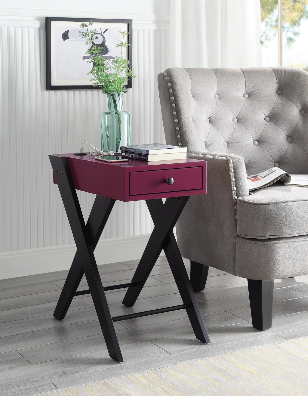 Fierce Accent Table with Built-in USB Port - Burgundy