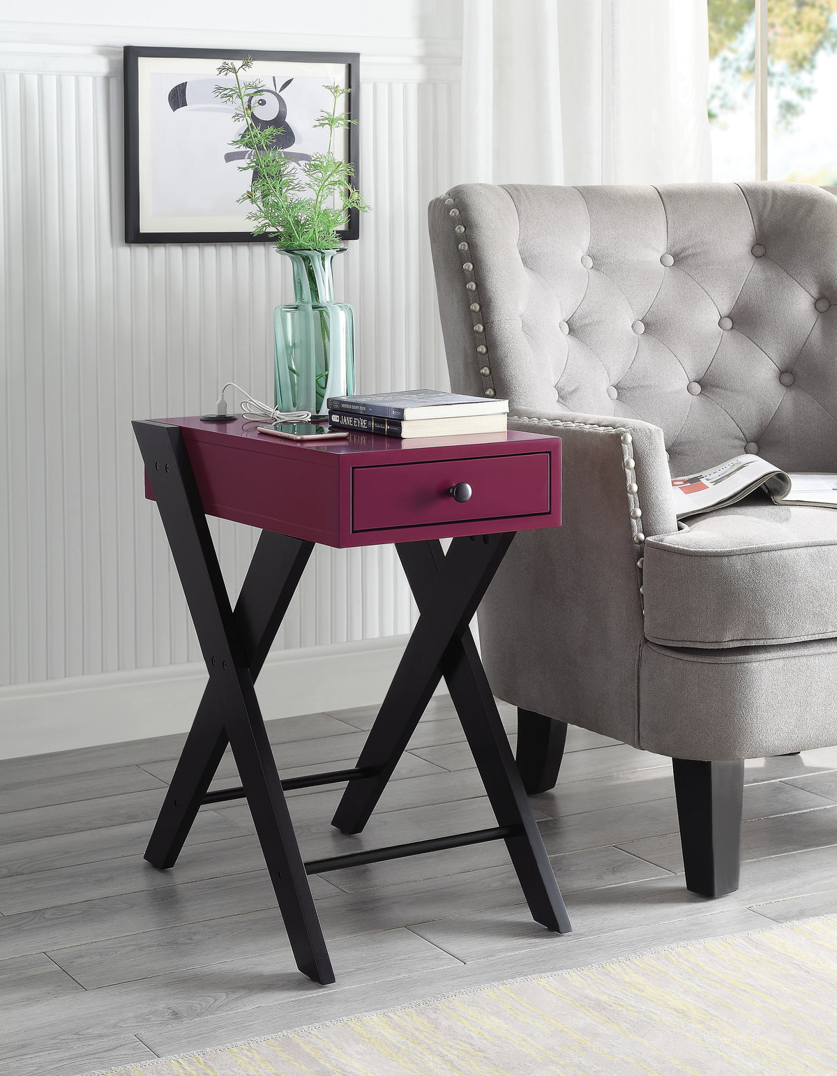 Fierce Accent Table with Built-in USB Port - Burgundy
