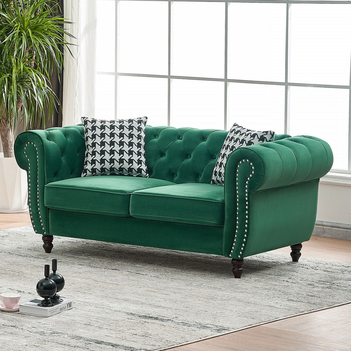 Chesterfield Fabric Loveseat with Nailhead Accents - Dark Green