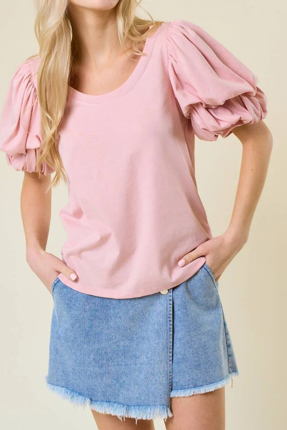 Round Neck Bubble Sleeve Top
