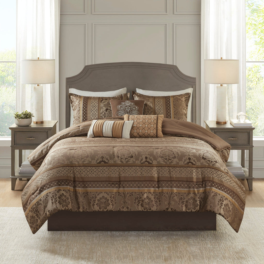 Jacquard Comforter Set with Decorative Pillows - Brown/Gold, Queen, 7 Piece