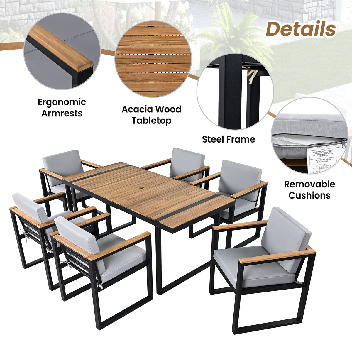 7 Piece Outdoor Dining Set with Removable Cushions - Gray or Beige