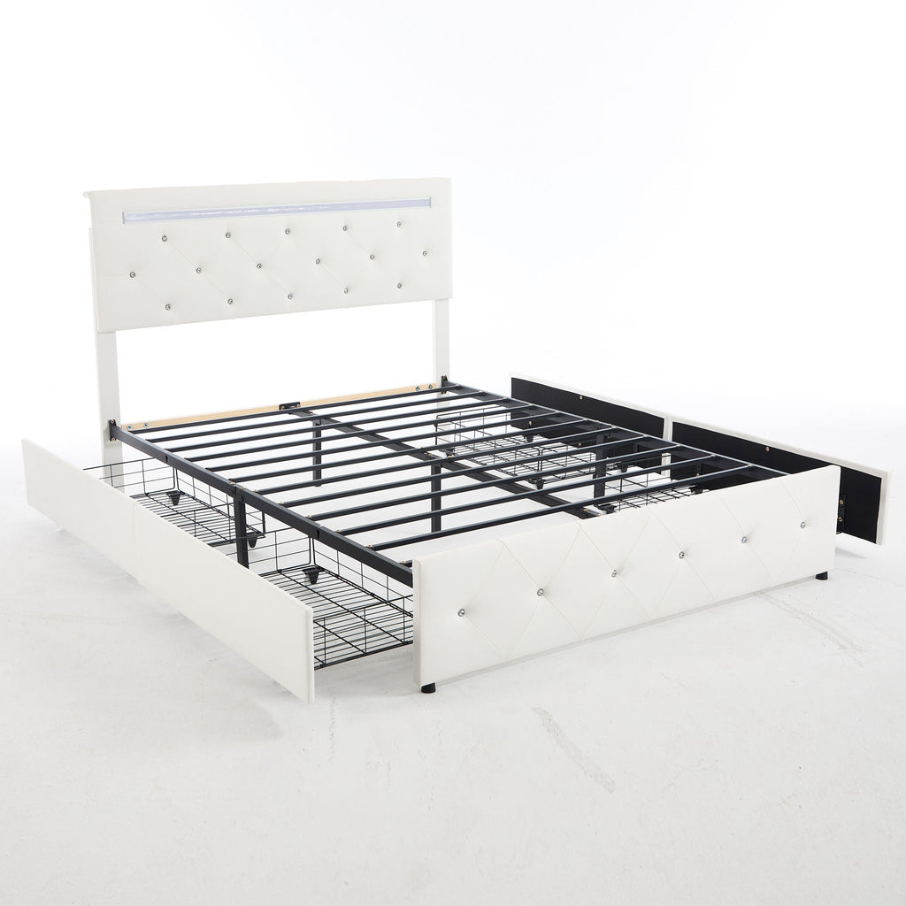 Upholstered Storage Bed Frame with LED Lights and Drawers – White or Black