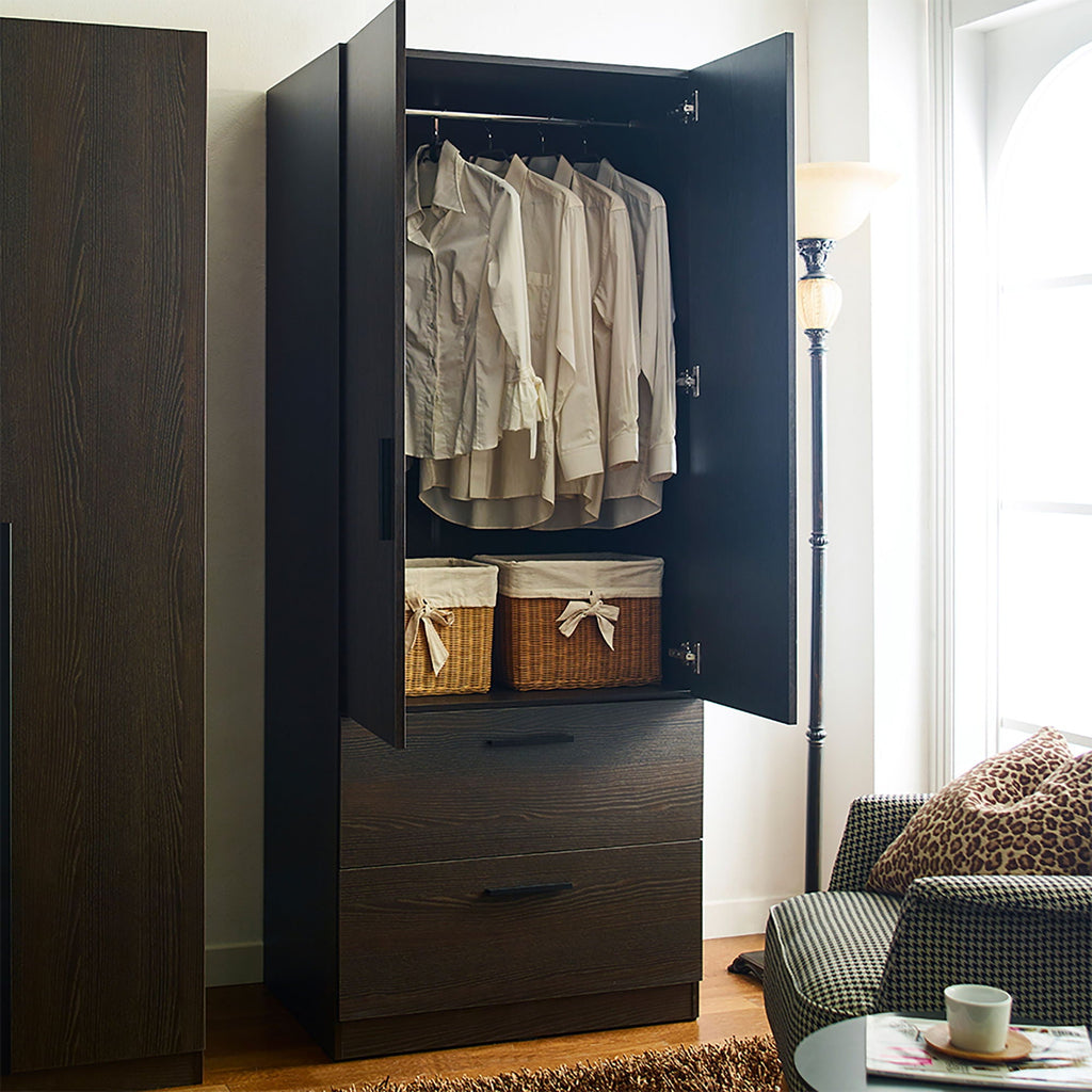 2 Door Closet Wardrobe with Drawers and Hanging Bars - Dark Brown