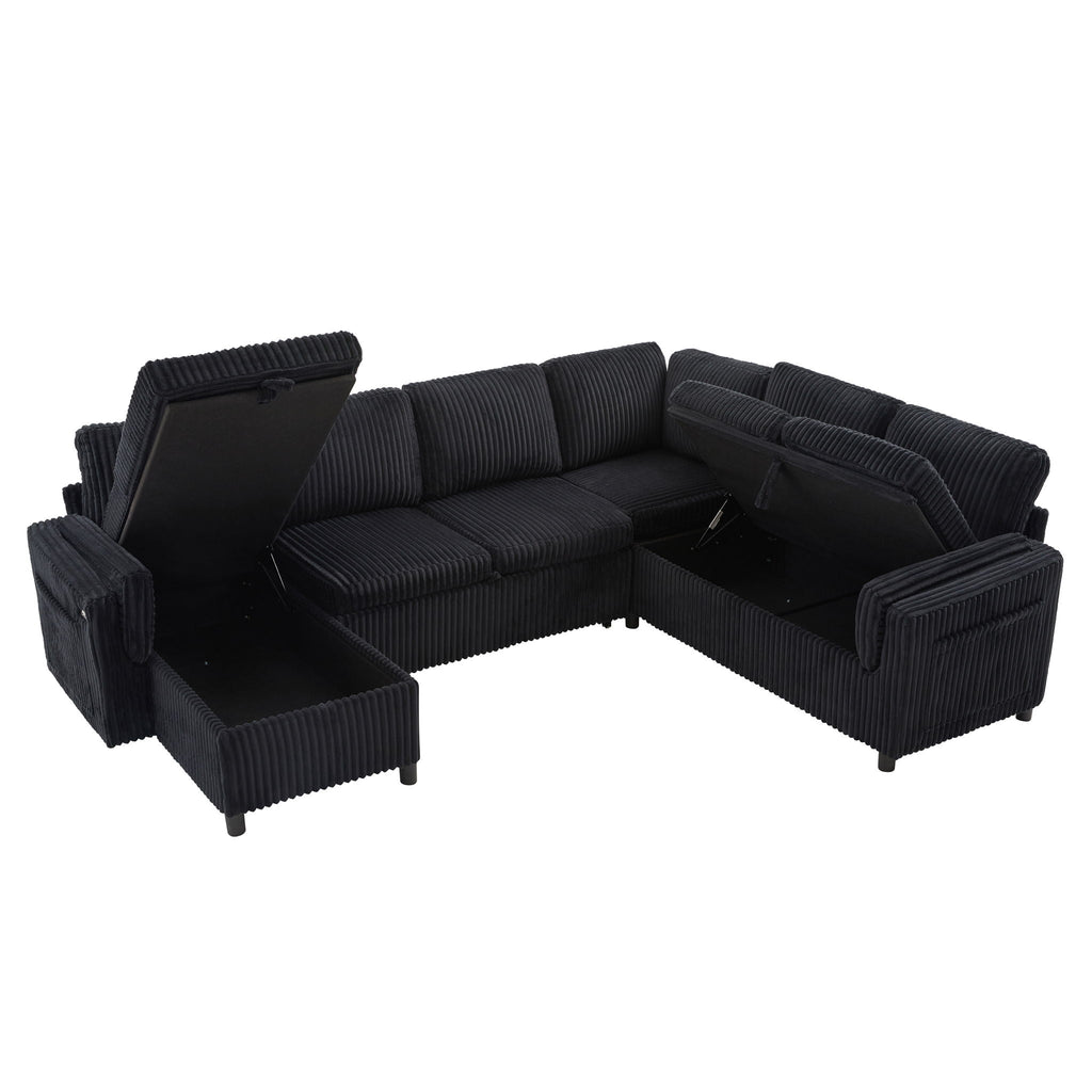 Convertible U-Shaped Sectional Sofa Bed with USB Ports and Storage – Black, Dark Gray, Blue