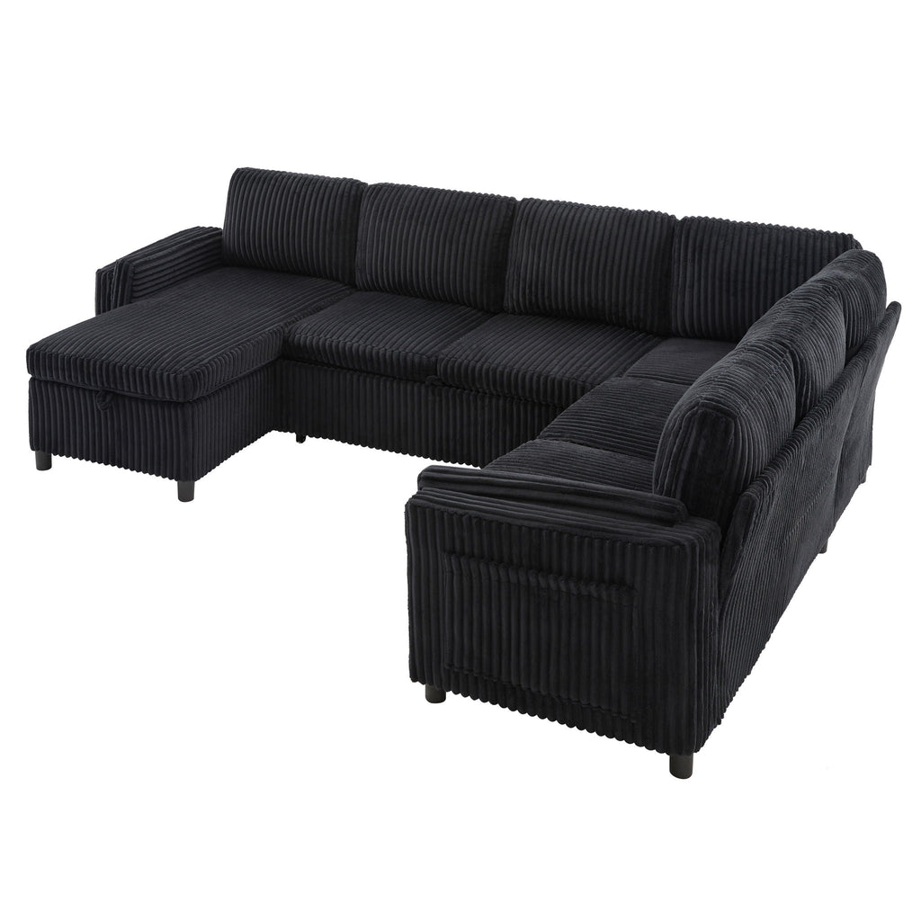 Convertible U-Shaped Sectional Sofa Bed with USB Ports and Storage – Black, Dark Gray, Blue
