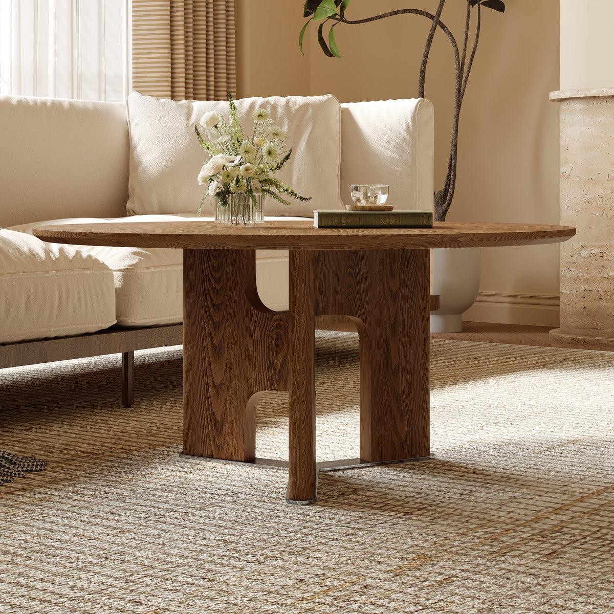 Rustic Ash Wood Veneer Coffee Table with Novel Leg Design - Natural Ash