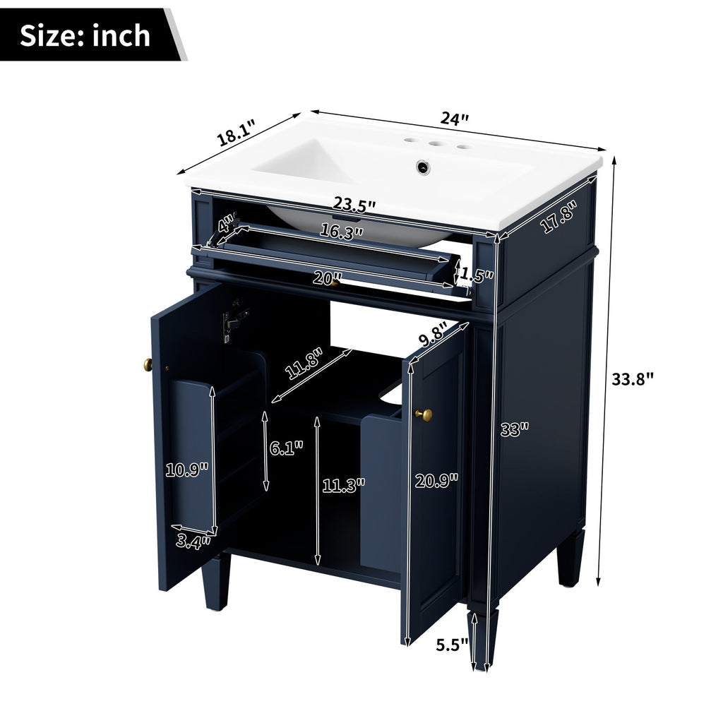 24" Bathroom Vanity with Ceramic Basin and Storage - Blue