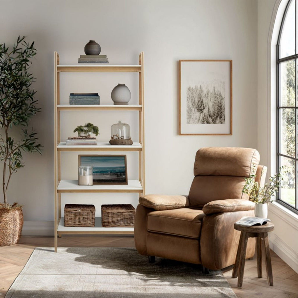Off White & Natural Ladder Bookcase with 5 Shelves - Solid Wood Frame