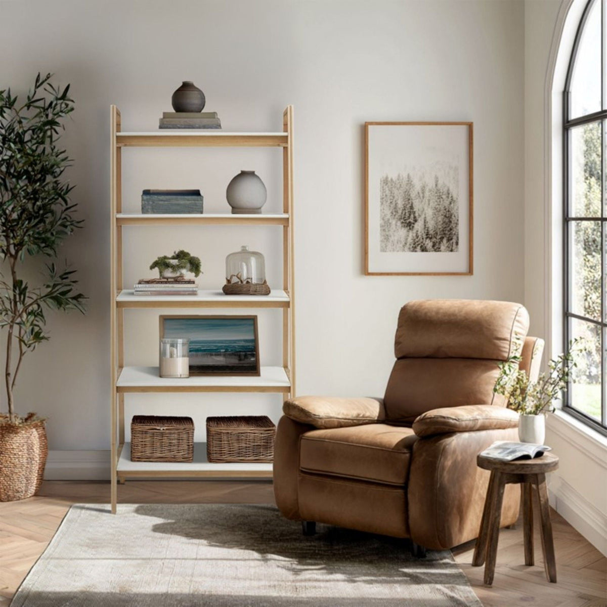 Off White & Natural Ladder Bookcase with 5 Shelves - Solid Wood Frame
