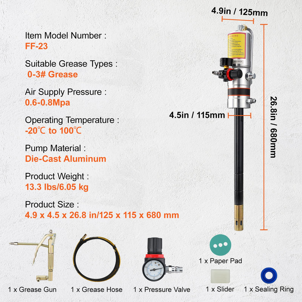 Air Operated Grease Pump with 13 ft Hose and 360° Swivel Gun - Cast-Aluminum