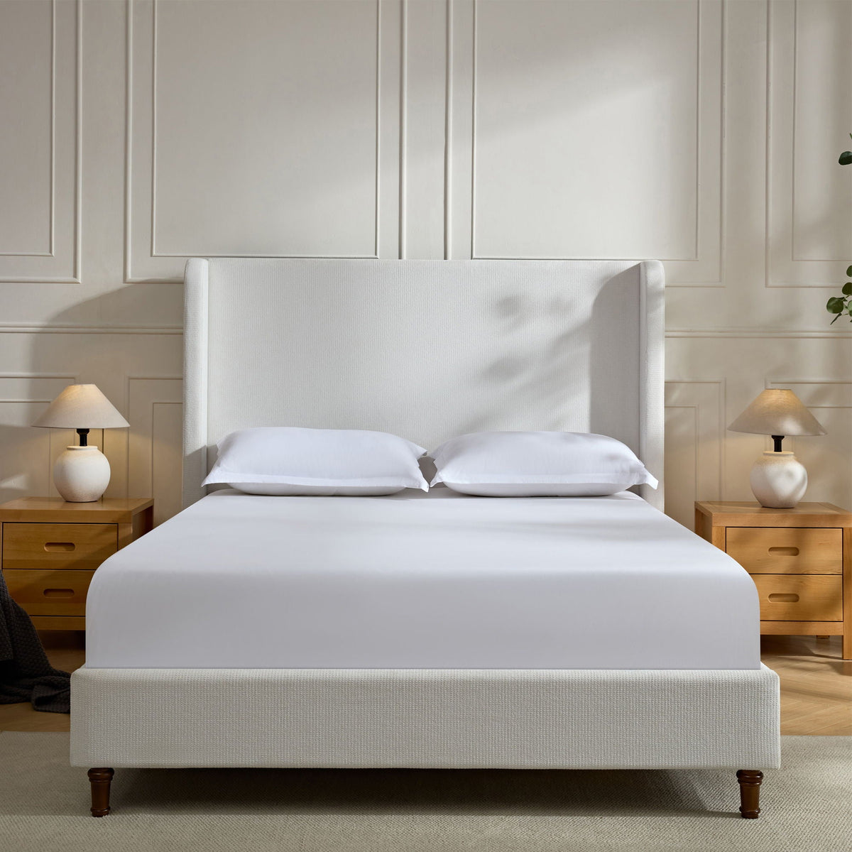 Tall Headboard Upholstered Bed with No Box Spring Needed - Cream