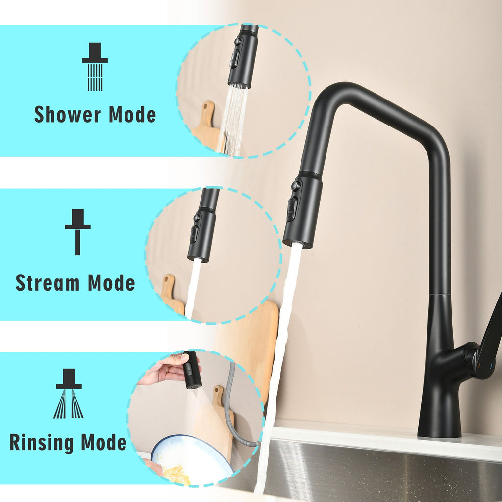 Professional Kitchen Faucet with 3-Function 360 Sprayer - Black or Pearl Silver