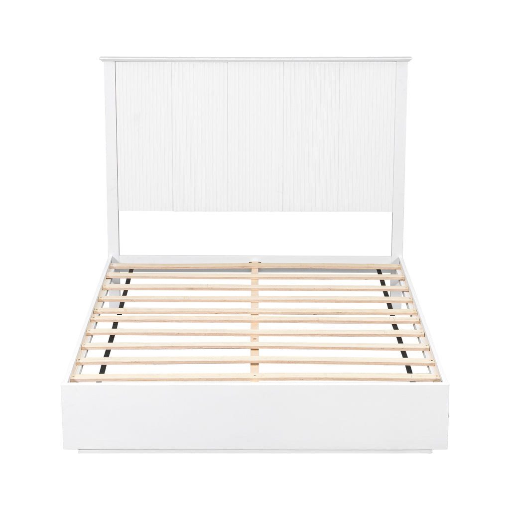 Queen Size Bed Frame with Vertical Slat Headboard - White
