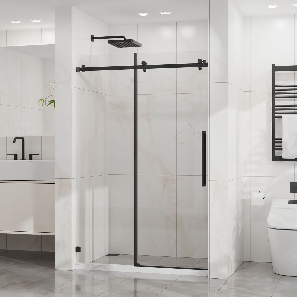 Frameless Tub Sliding Shower Door with Easy Clean Coating - Black or Pearl Silver