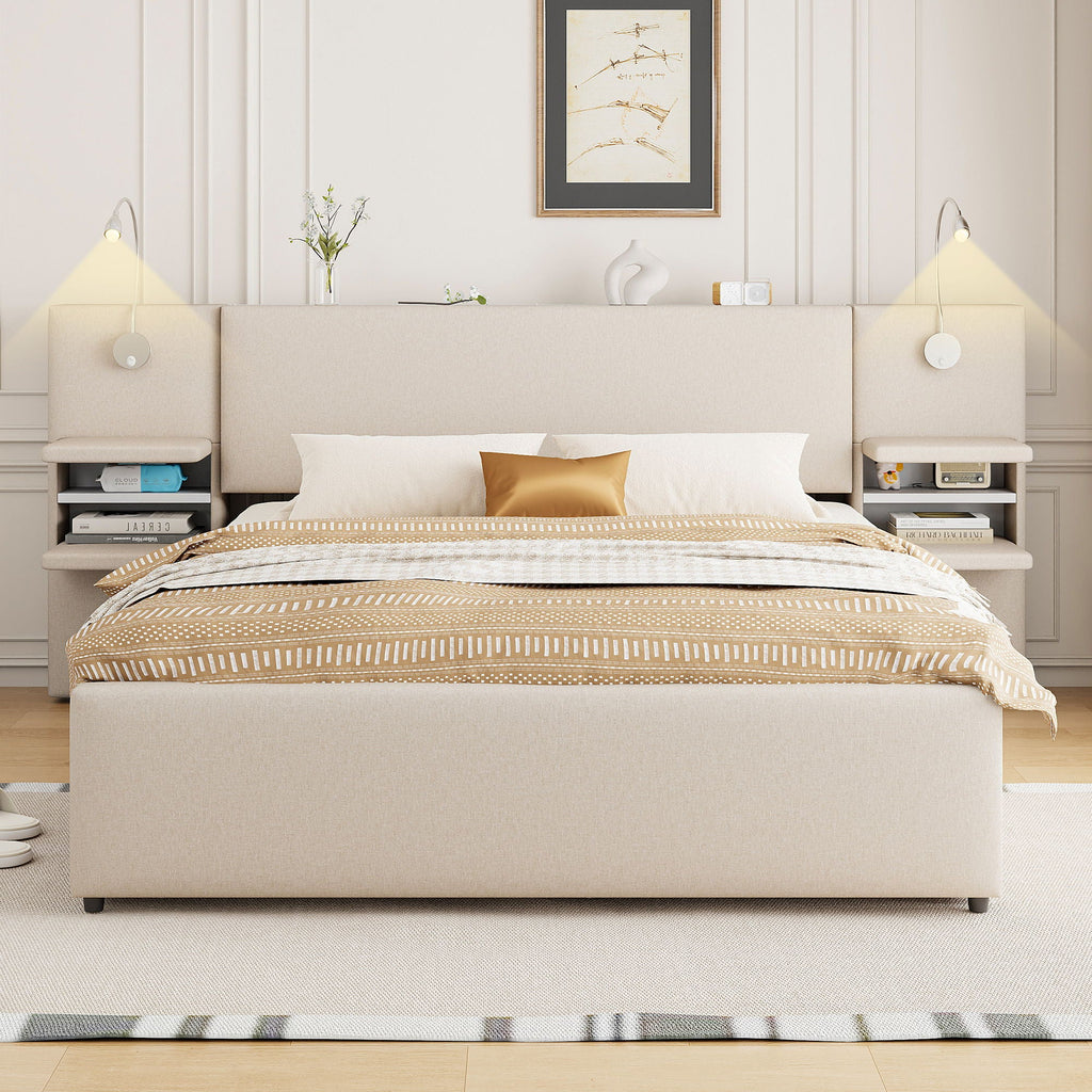 Upholstered Platform Bed With Reading Lights, Drawers, Trundle And Shelves