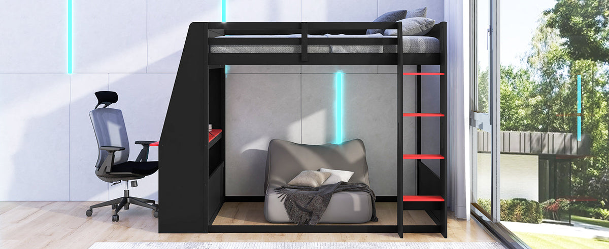Full Size Wooden Gaming Bunk Bed with Desk and LED Light - Black/Red