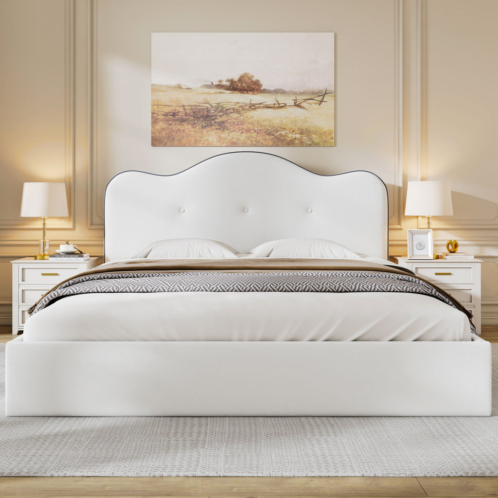Upholstered Platform Bed with Sturdy Frame and Headboard - White