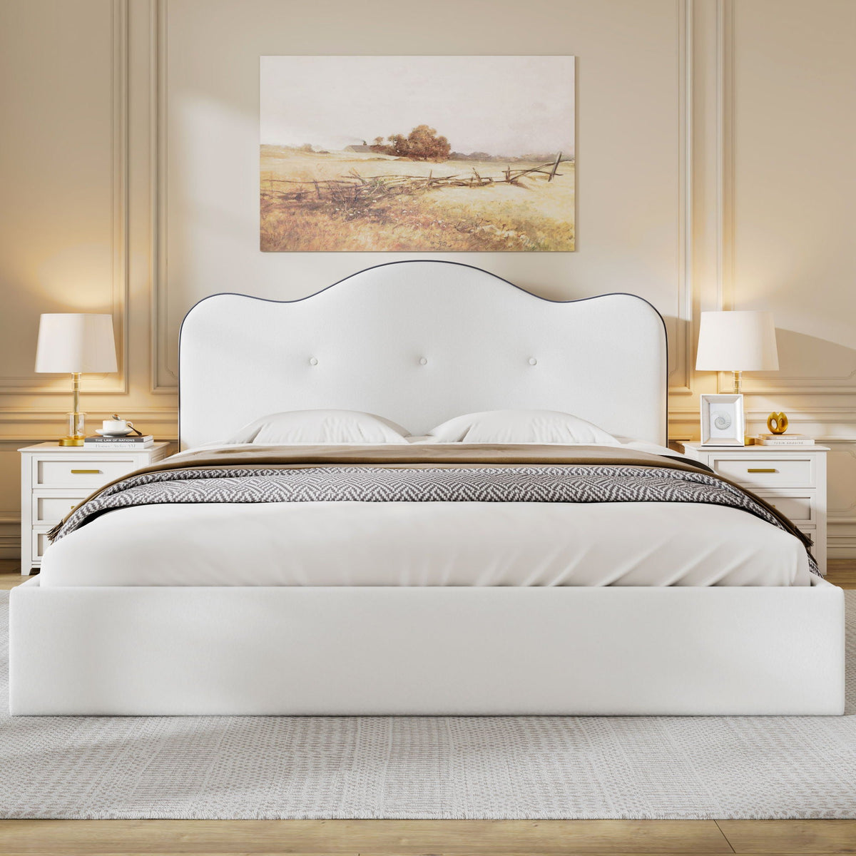 Upholstered Platform Bed with Sturdy Frame and Headboard - White