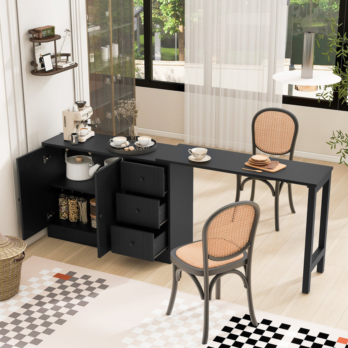 Wooden Sideboard with Extendable Table - Black, White, or Black+Natural