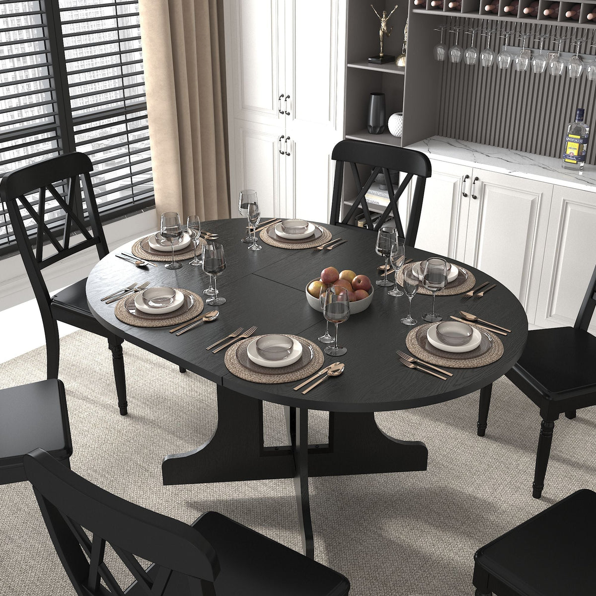 Expandable Oval Farmhouse Dining Table with Removable Leaf and X-Shaped Base - Black