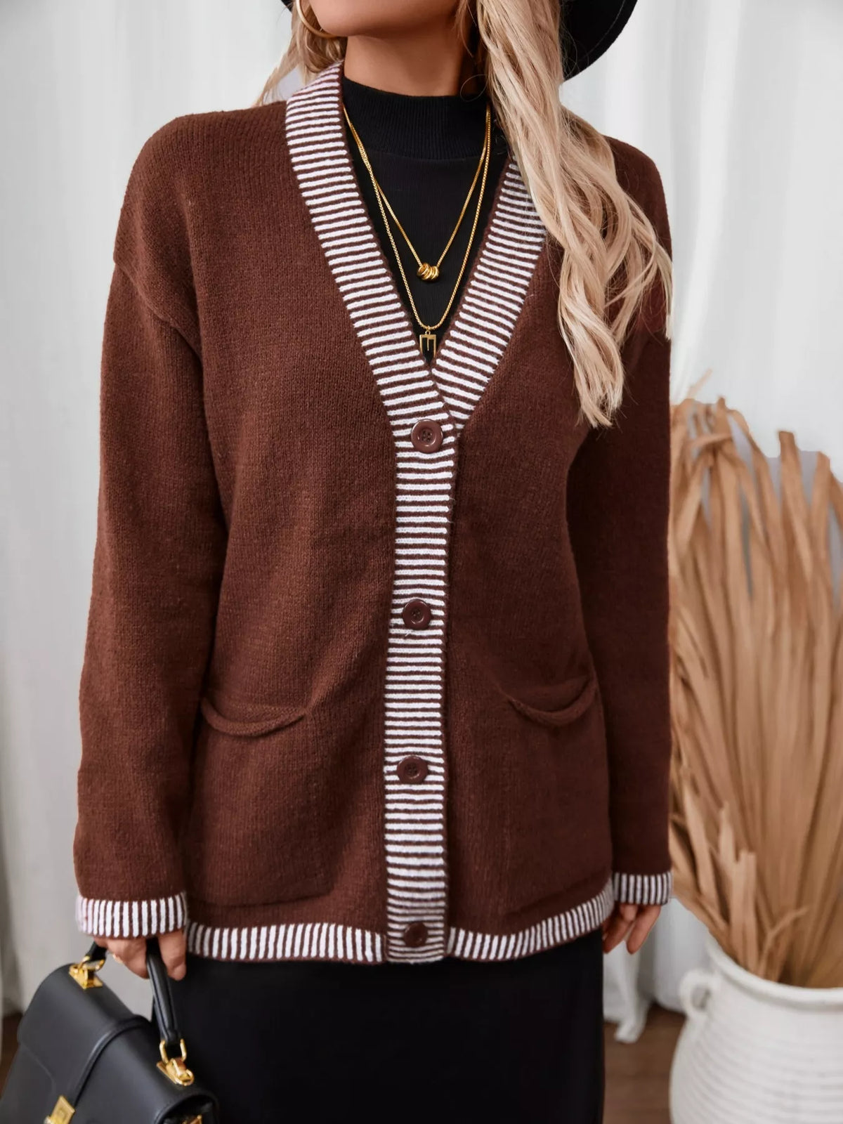 Striped Trim Button Front Pocket Knit Cardigan