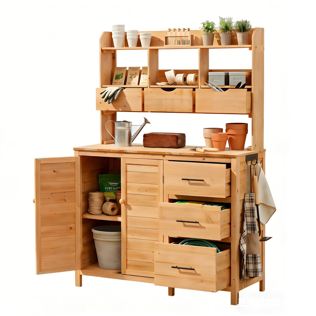 Farmhouse Patio Potting Bench with Storage and Workstation - Natural Wood