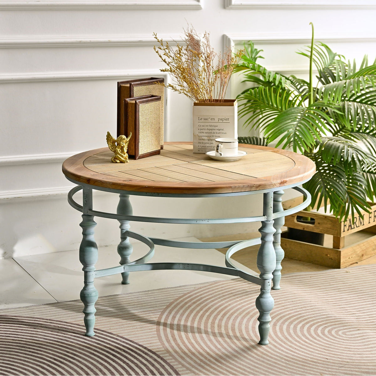 Round Top Carved Coffee Table with Metal Legs - Light Brown