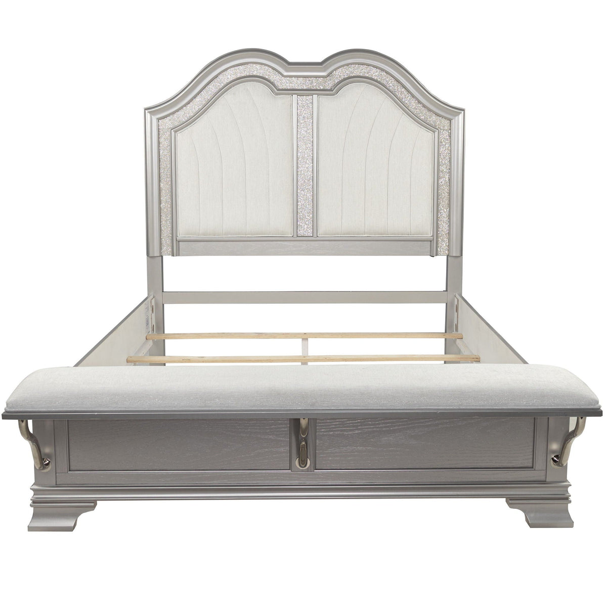 Pearl Silver 3 Piece Bedroom Set with LED Headboard and Footboard Bench