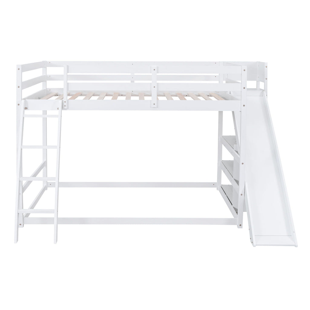 Bunk Bed With Ladder, Slide, and Shelves - Pine Wood, Full Over Full