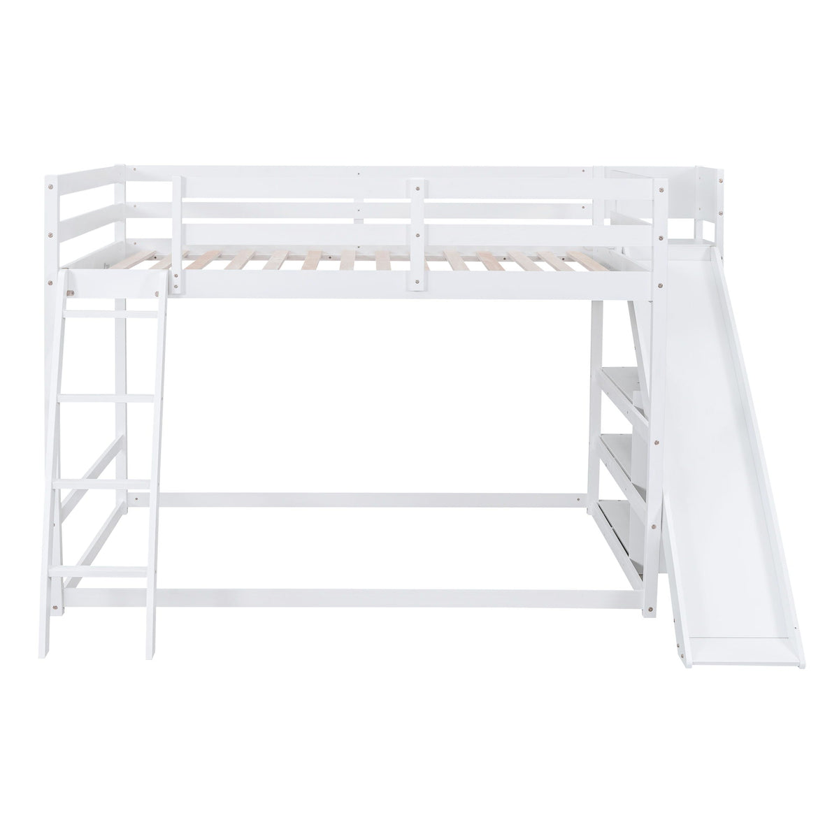 Bunk Bed With Ladder, Slide, and Shelves - Pine Wood, Full Over Full