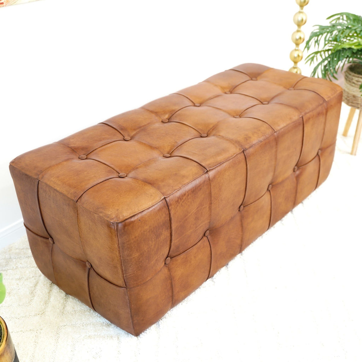 Tan Upholstered Bench with Solid Wood Frame - Genuine Leather