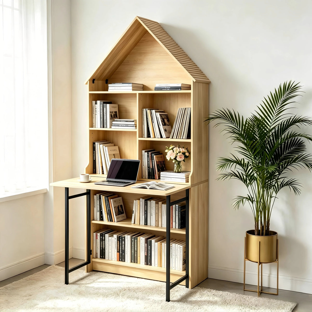 Folding Craft Desk with Storage Shelves - Natural Wood
