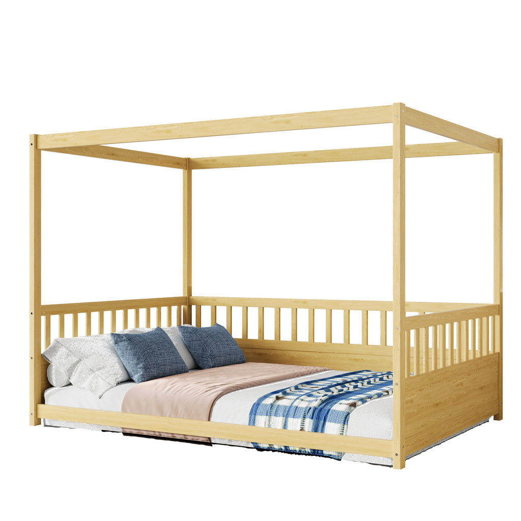 Full Size Canopy Bed Frame with Guardrails for Kids - Pine Wood