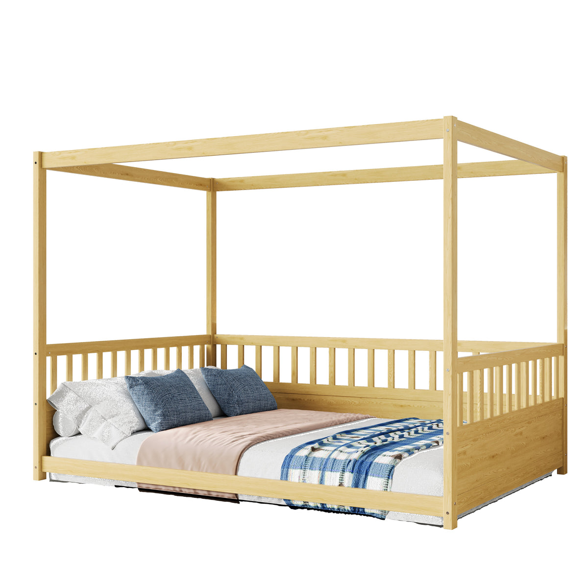 Full Size Canopy Bed Frame with Guardrails for Kids - Pine Wood