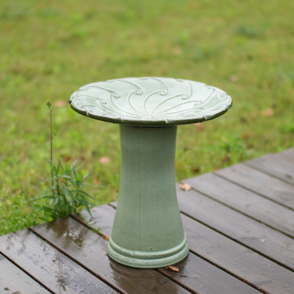 Handmade Glazed Ceramic Bird Bath with Swirling Scroll Design - Glazed Finish