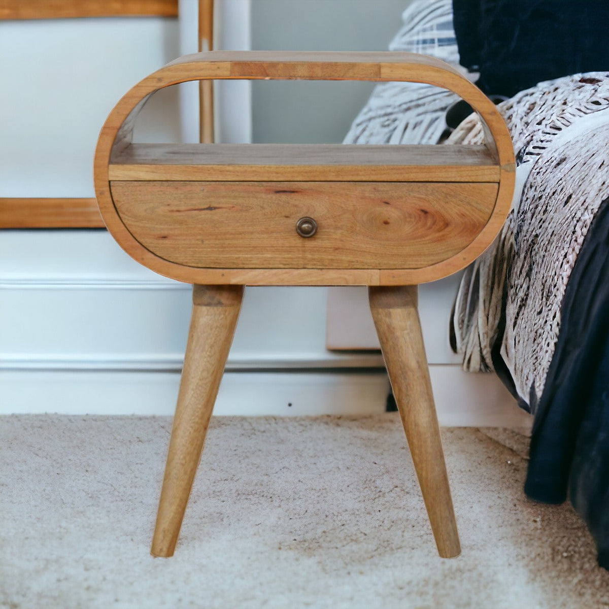 Circular Open Slot Nightstand with Nordic Legs - Solid Wood