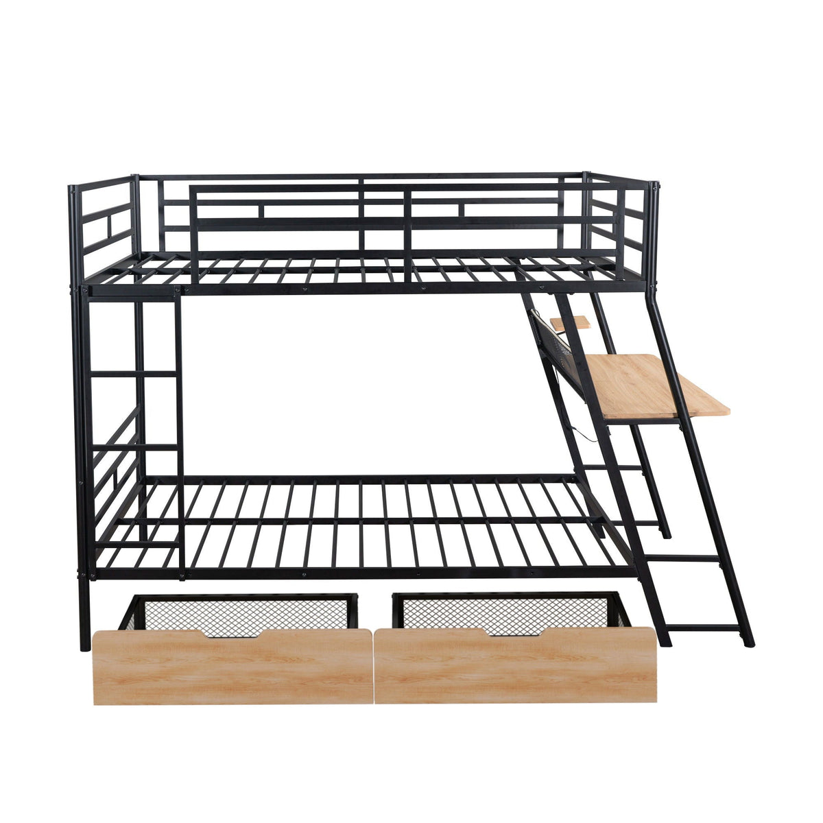 Full Size Bunk Bed with Built-In Desk, Light & 2 Drawers - Black