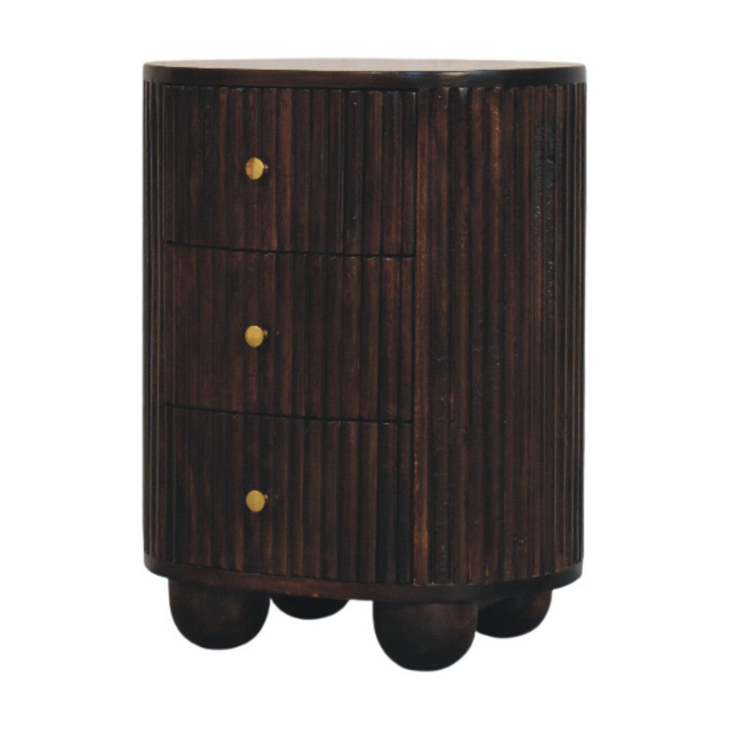 Solid Wood Curved Fluted 3-Drawer Drum Chest with Velvet Mocha Finish