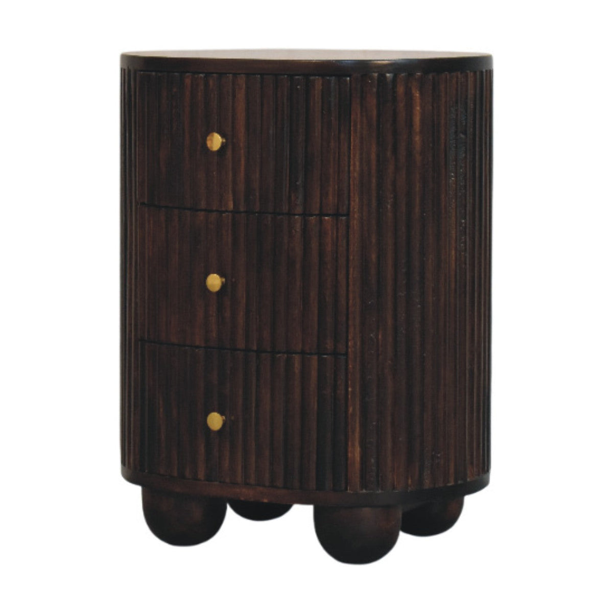 Solid Wood Curved Fluted 3-Drawer Drum Chest with Velvet Mocha Finish