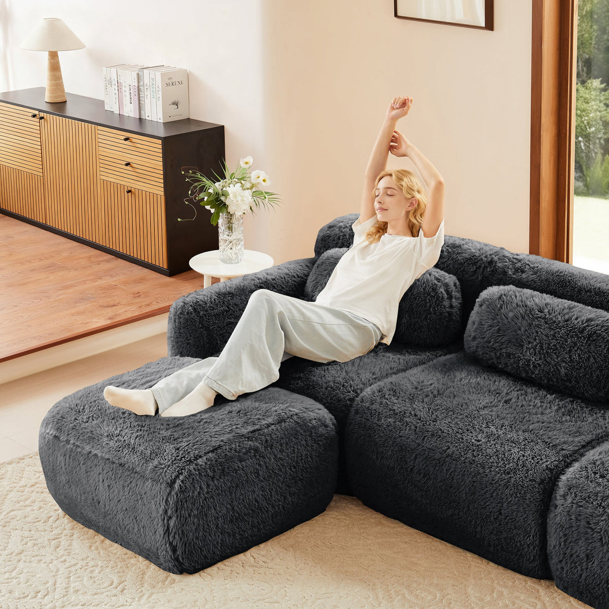 Plush Fabric Ottoman with Cloud-Like Comfort - Dark