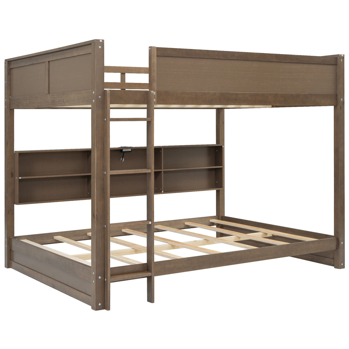 Queen Bunk Bed with Storage Cabinets and USB Ports - Dark Brown or White