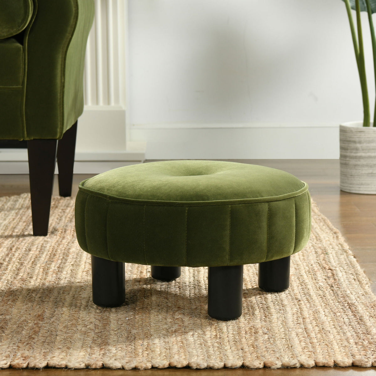 Round Footstool Ottoman with Tufted Upholstery - Olive Green