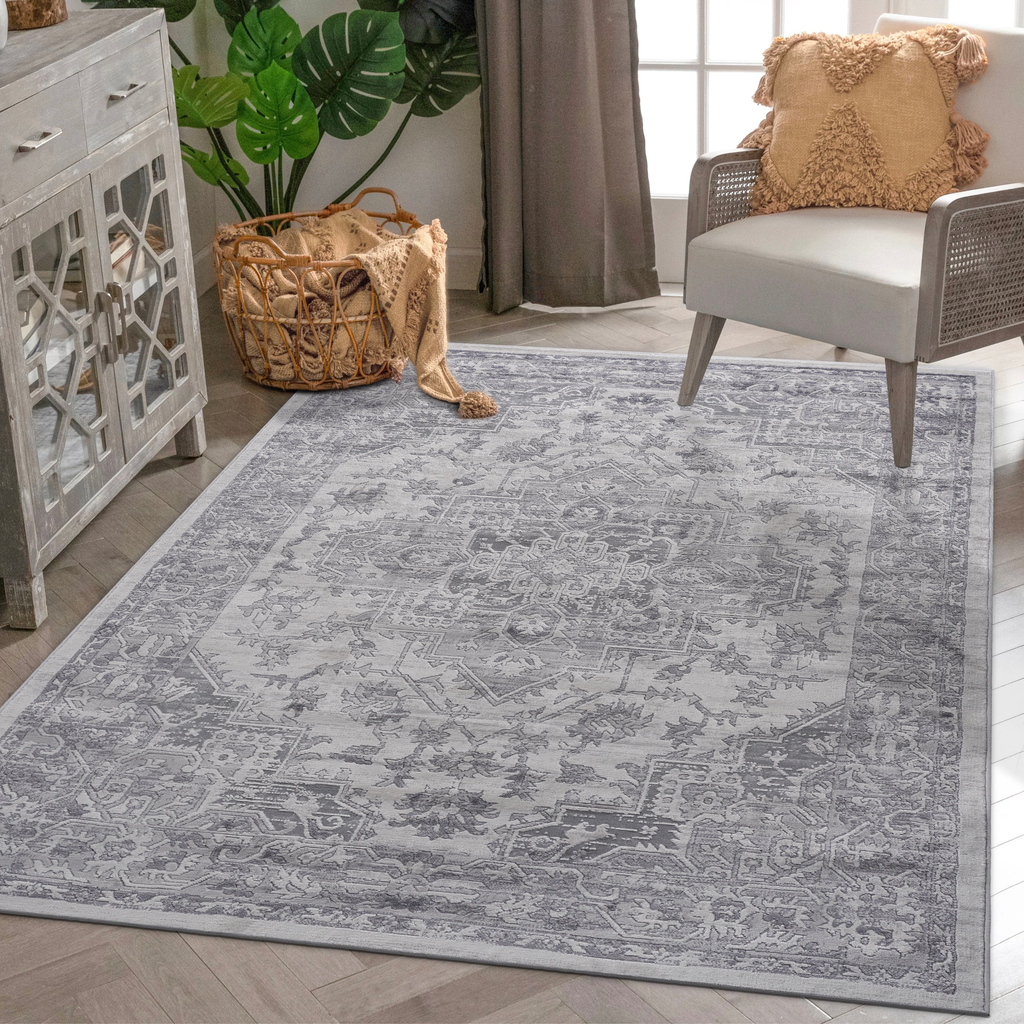 MARFI Collection 5.3X7.6 Rug with Easy-Care Polyester - Silver, Blue+Grey, Ivory